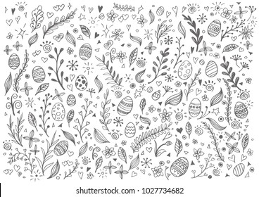 Easter background,Hand drawn doodle Easter  Holiday concept for invitation, card, ticket, branding, logo, label, emblem. Coloring book page for adult, children, kids