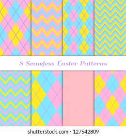 Easter Backgrounds. 8 Seamless Chevron and Argyle Patterns in Pink, Blue, Yellow and Purple. Pattern Swatches Included. Global colors - makes it easy to change all patterns in one click.