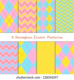 Easter Backgrounds. 8 Seamless Chevron and Argyle Patterns in pastel colors: yellow, pink, blue and coral / orange. Pattern Swatches with Global Colors - easy to change all patterns in one click.