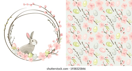 Antecedentes de Semana Santa. Conejo, Willow, flor de cerezo y huevos. Establecer elementos de diseño vectorial en el tema de floración y primavera.