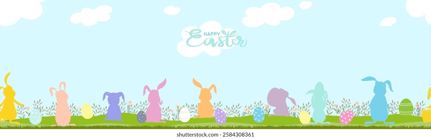 Easter background,Seamless pattern Spring field and Blue sky landscape with Bunny hunting Easter eggs,Banner Vector Cute cartoon Rabbits in grass field.Spring time banner with for Easter greeting card