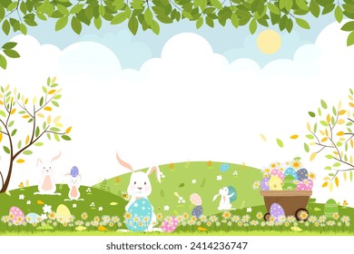 Easter Background,Spring field landscape with cute cartoon bunny hunting easter eggs in Fram field,Vector illustration rabbits playing on summer green meadow,Design for card,invitation,poster banner