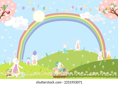 Fondo de Pascua, Campo de primavera con arco iris, conejito cazando huevos de Pascua, conejos de dibujos animados Vector Cute jugando en el campo de hierba verde. Banner de primavera o verano con espacio para copiar la tarjeta de saludo de Pascua