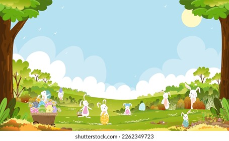 Easter background,Spring green fields landscape with cute Bunny hunting Easter egg with blue sky and cloud background,Vector cartoon rural nature in springtime,Rabbits playing on grass land in morning