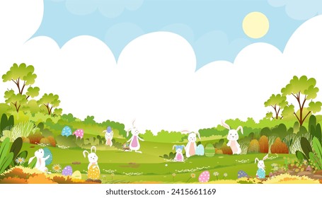 Easter background,Spring green fields landscape with cute Bunny hunting Easter egg with blue sky and cloud background,Vector cartoon rural nature in springtime,Rabbits playing on grass land in morning