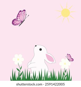 Easter background,Spring green fields 
landscape with cute Bunny and butterfly.
Lovely card with sun shine, flowers and butterfly 
Vector cartoon nature in springtime.