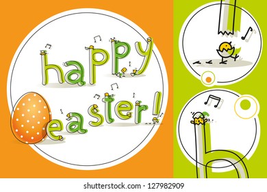 Easter badge for kids, with little peeper chicks hatched and egg, vector illustration
