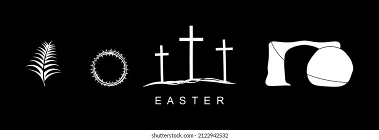Easter, badge set, palm leaves, wreath, cross and cave. 