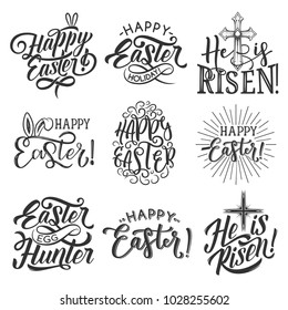 Easter badge set for Spring Holiday celebration template. Easter rabbit ear, egg and crucifix cross with ribbon banner and festive lettering for egg hunt party and He is Risen label design