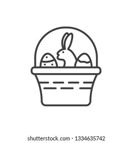 Easter badger with rabbit and eggs line icon.