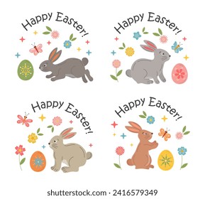 Easter badges with bunny, egg, spring flowers. Easter holiday labels vector design elements set. Stickers with festive rabbits, bunnies, eggs, flowers, butterflies and Happy Easter typography message.