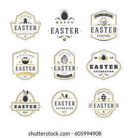 Easter badges and labels vector design elements set. Greeting card text templates and objects, eggs, bunny rabbits, flowers. Happy Easter typography messages vintage style.