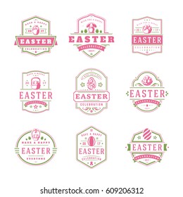 Easter badges and labels vector design elements set. Greeting card text templates and objects, eggs, bunny rabbits, flowers. Happy Easter typography messages vintage style.