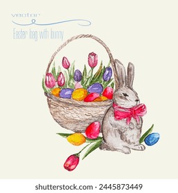 Easter bag with a bunny. Spring watercolor illustration. Vector drawing. Bag with Easter eggs and flowers. Cute bunny with a bow