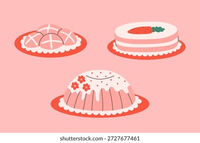Easter Bakery Desserts Illustration Set. Sweet Pink holiday Food collection. Hot Cross Buns, Carrot Cake, Bundt Pastry items in plate with lace. Pastel Coquette elements, hand drawn flat vector