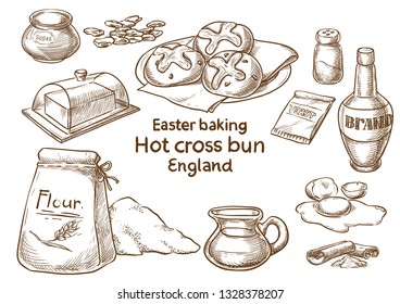 Easter baking. Hot coss bun. England. Vector scetch