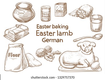 Easter baking. Easter lamb. German. Vector scetch