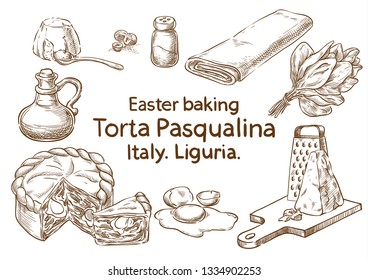 Easter baking. Torta pasqualina. Italy. Vector sketch