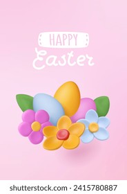 Easter banner with 3d eggs and plasticine flowers. Decorative floral clay elements. Gradient pink background. Vector illustration. Closeup bud with leaves render.