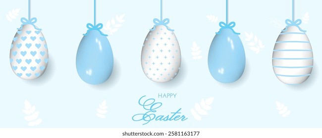 Easter banner with 3D painted eggs on the rope with bow. Realistic colorful eggs on blue background. Vector spring illustration