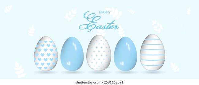 Easter banner with 3D painted eggs in the row. Realistic colorful eggs on blue background. Vector spring illustration