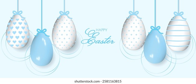 Easter banner with 3D painted eggs on the rope with bow. Realistic colorful eggs on blue background and gradients circles. Vector spring illustration