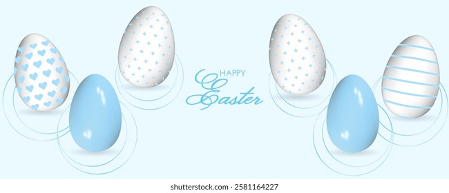 Easter banner with 3D painted eggs with gradient circles. Realistic colorful eggs on blue background. Vector spring illustration