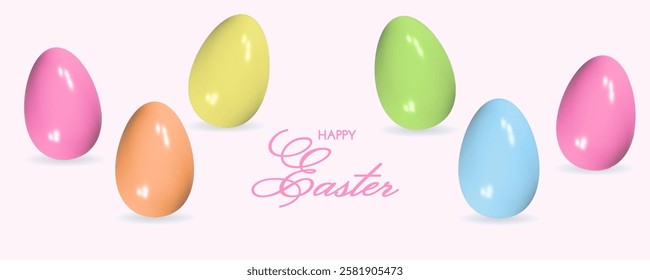 Easter banner with 3D painted eggs different colors. Realistic colorful eggs on pink background. Vector spring illustration