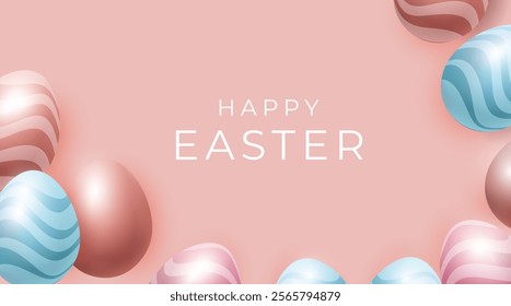 Easter Banner with 3d vector Easter Eggs. Happy holiday decoration background, colorful egg. Creative design. 3d rendering shape. Easter landscape layout for invitation, card, banner, poster.