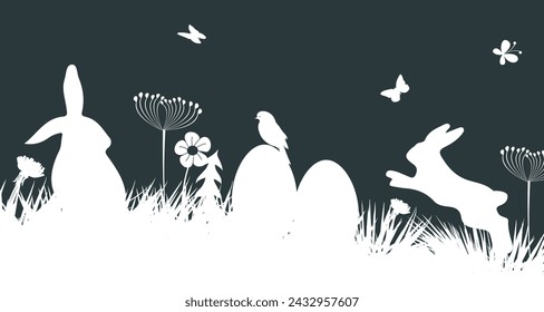 Easter banner background, Easter bunny or rabbit in the green meadow with Easter eggs, concept with butterfly and birds – for stock