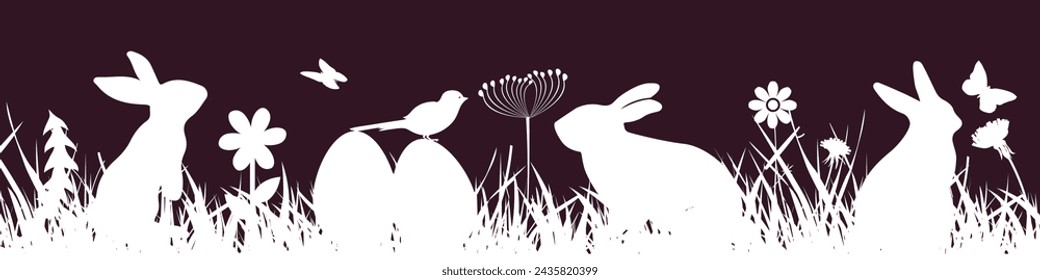 Easter banner background, Easter bunny or rabbit in the green meadow with Easter eggs, concept with butterfly and birds – vector