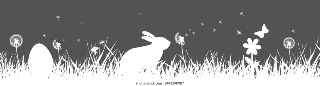 Fondo de la bandera de Pascua, conejo de Pascua o conejo en el prado verde con huevos de Pascua, concepto con mariposa y diente de león - vector de stock