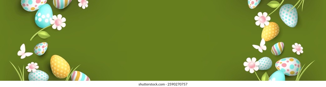 Easter banner background with easter eggs frame and spring flowers and empty space