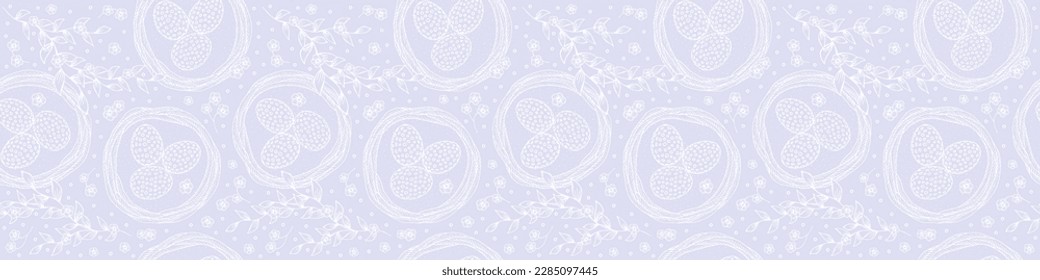 Easter banner or background for the holiday. Easter eggs in a nest and plant elements with flowers. Background of gentle pastel lilac color with white seamless pattern