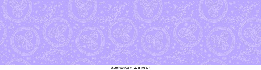 Osterbanner oder Hintergrund für den Urlaub. Ostereier in einem Nest und pflanzliche Elemente mit Blumen. Hintergrund der sanften pastellfarbenen Lila-Farbe mit weißem, nahtlosem Muster