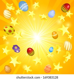 Easter banner background illustration of stars and decorated Easter eggs flying out