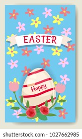Easter banner background template with beautiful colorful spring flowers and egg. Vector illustration.