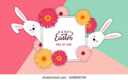 Easter banner background template with beautiful colorful spring flowers and cute bunny character. Happy Easter holiday frame design with cute cartoon rabbit and space for text. Vector illustration