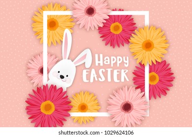 Easter banner background template with beautiful colorful spring flowers and cute bunny character. Happy Easter holiday frame design with cute cartoon rabbit. Vector illustration