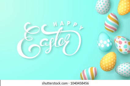Easter banner background template with beautiful colorful eggs. Vector illustration.