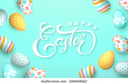 Easter banner background template with beautiful colorful eggs. Vector illustration.