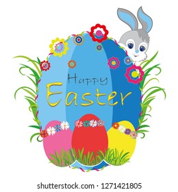 Easter banner background template with beautiful colorful spring eggs. Rabbit, Vector 
