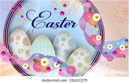 Easter  banner background template with beautiful colorful spring flowers and eggs. Vector illustration. - Images vectorielles