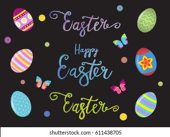 Easter  banner background template with beautiful colorful butterfly and eggs. Vector illustration.
