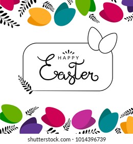 Easter banner background template, with black handwritten calligraphy text, isolated on white background with beautiful colorful eggs. Vector illustration.