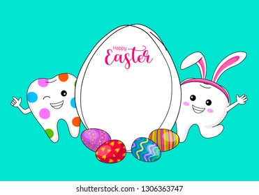 Easter banner background template with bunny tooth. cute cartoon character design. Happy Easter day. Illustration isolated on blue background.