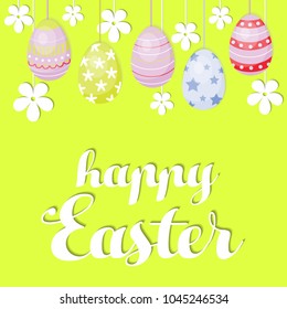 Easter banner background template with colorful eggs and paper flowers.  Flyer design template with square frame  Vector illustration.