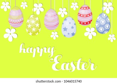 Easter banner background template with colorful eggs and paper flowers.  Flyer design template with square frame  Vector illustration.