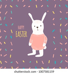 Easter banner background, template with cute banny, rabbit and text, hand drawn illustration. Modern postcard or invitation for holliday.