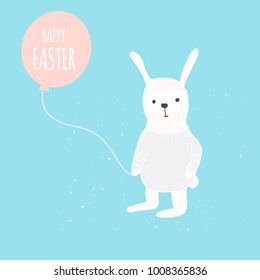 Easter banner background, template with cute banny, rabbit and text, hand drawn illustration. Modern postcard or invitation for holliday.